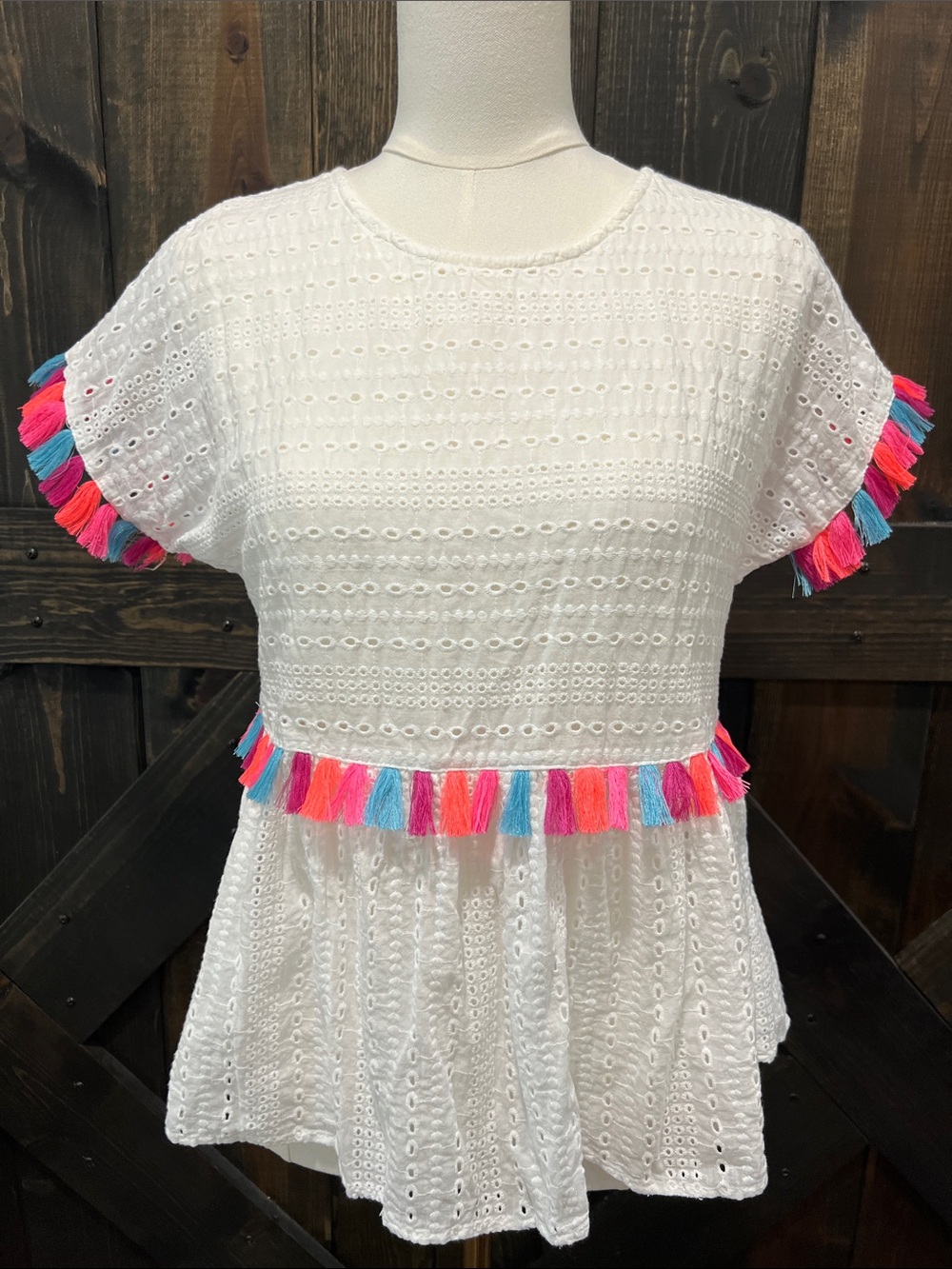 Savanna Jane White Eyelet Boho Top S Colorful Tassels Boho Chic Coastal Beachy